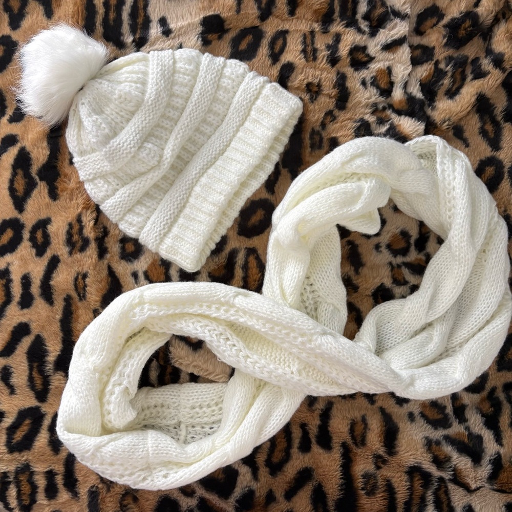 Cozy White Knit Hat and Infinity Scarf Set for
